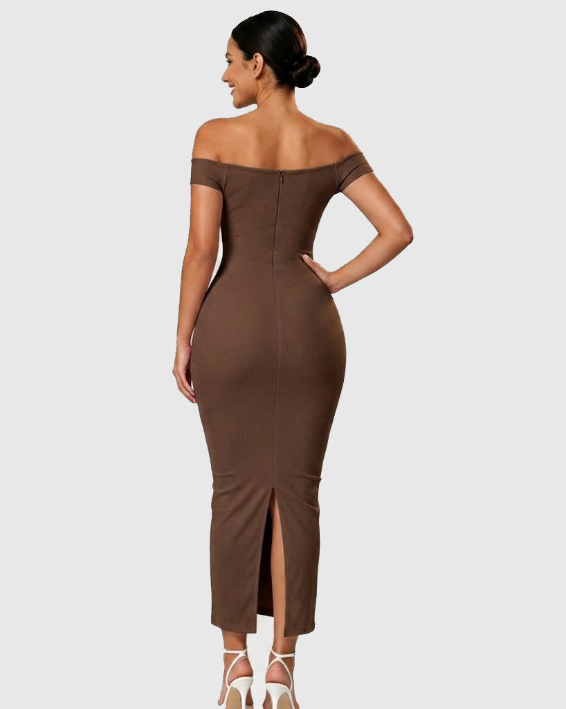 Off Shoulder Ruched Bust Bodycon Maxi Dress with Back Slit - By Qivii