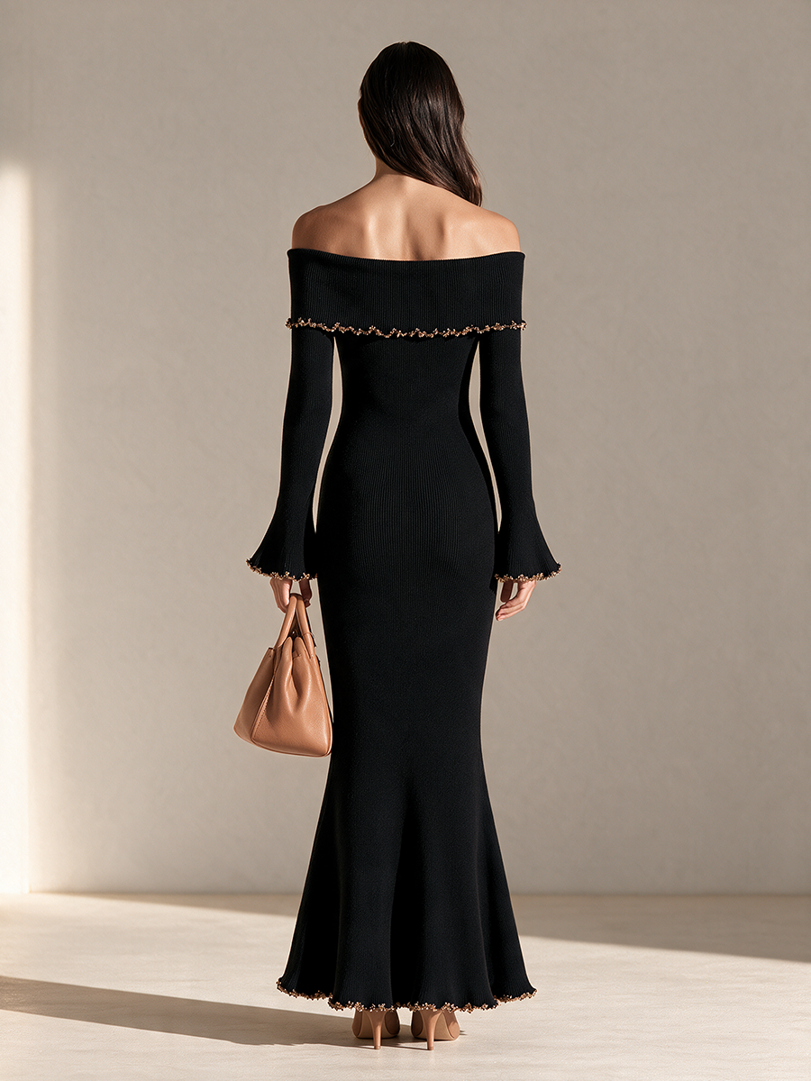 Women's Off-Shoulder Foldover Flare-Sleeve Frill-Trim Fishtail Knit Maxi Dress MDZ0303I9CMX