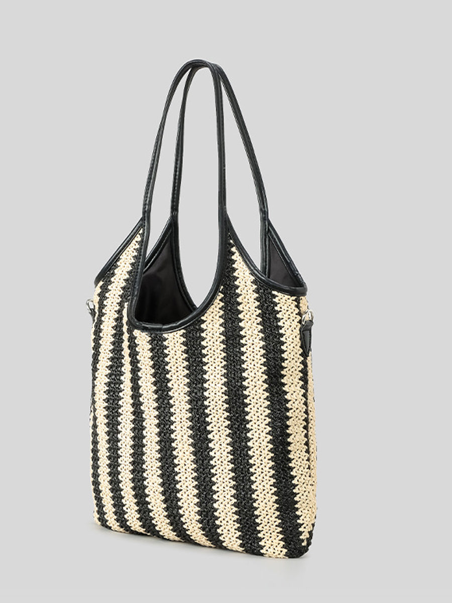 Women's Contrast Striped Vintage Straw Shoulder Bag MDA0831H2Y