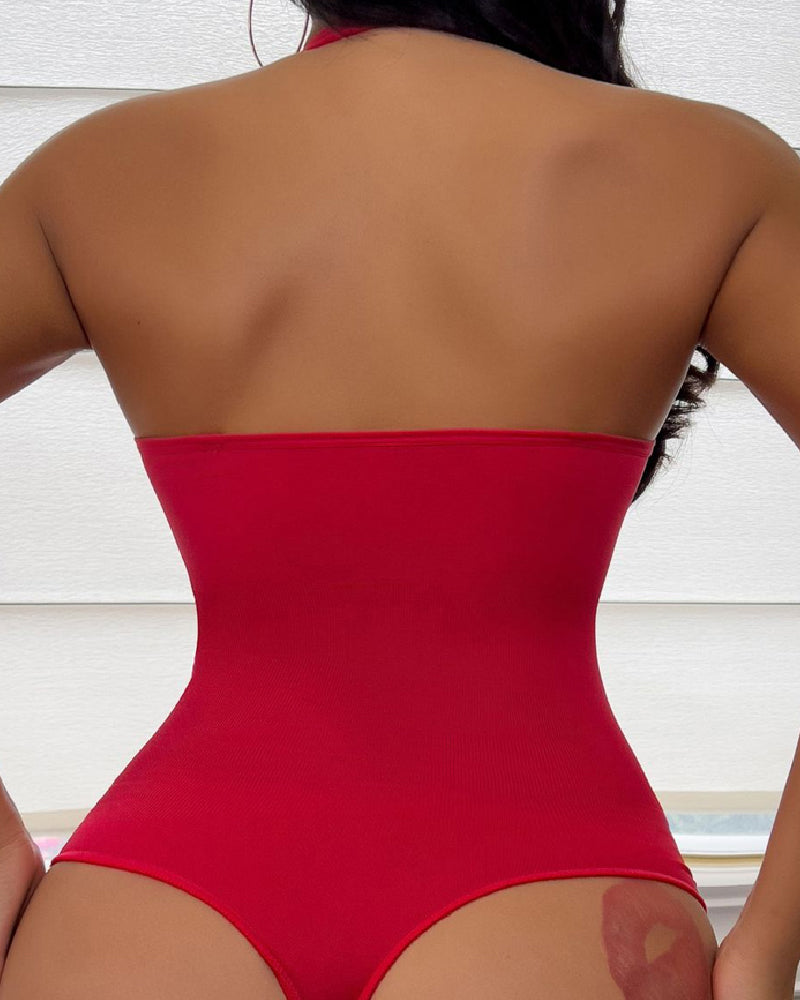 Halter 2 in 1 Seamless Thong Bodysuit Deep V-Neck Tummy Control Shapewear - By Qivii