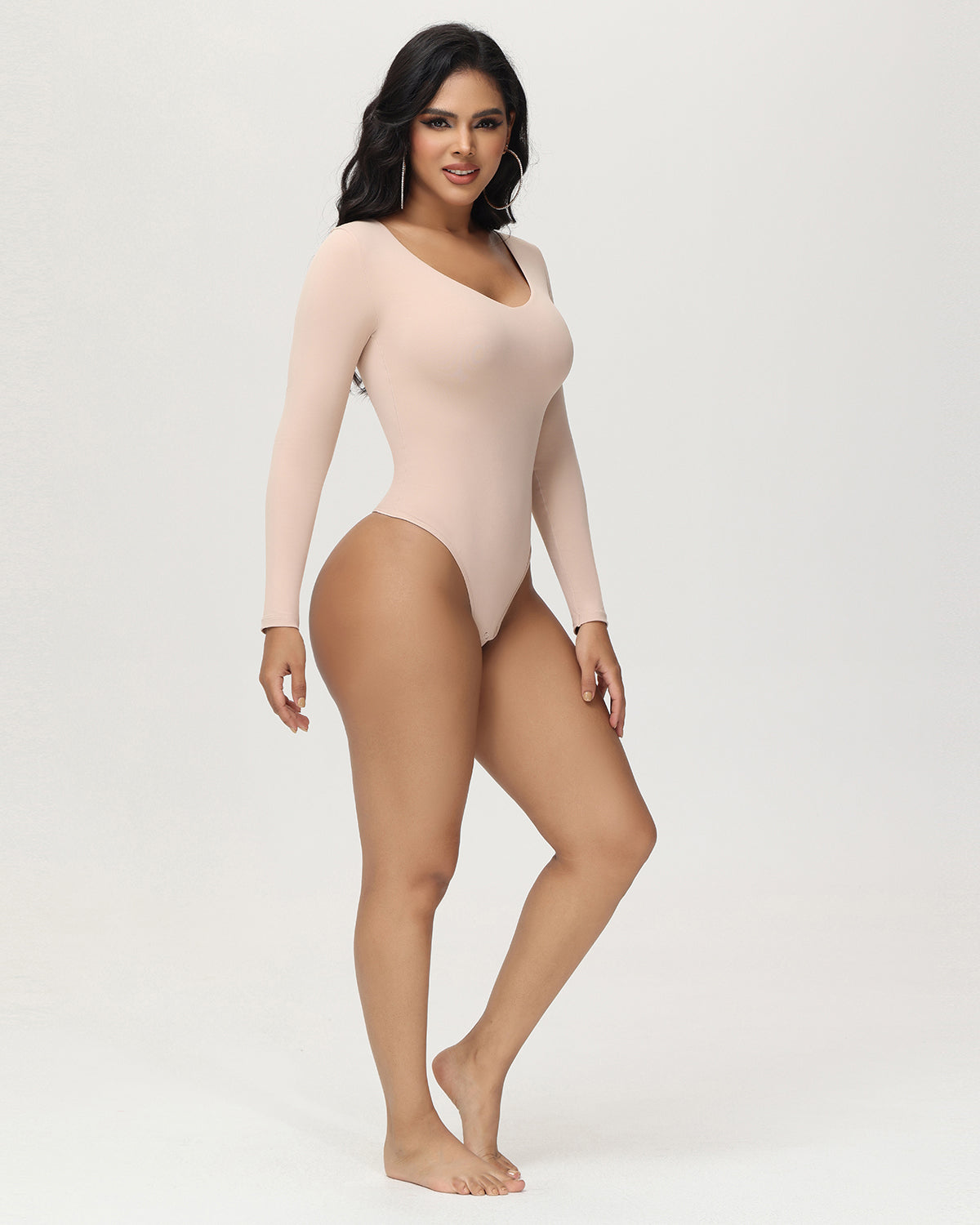 Shapshe® Women's Long Sleeve V Neck Seamless Bodysuits Tummy Control Thong Shapewear - By Qivii