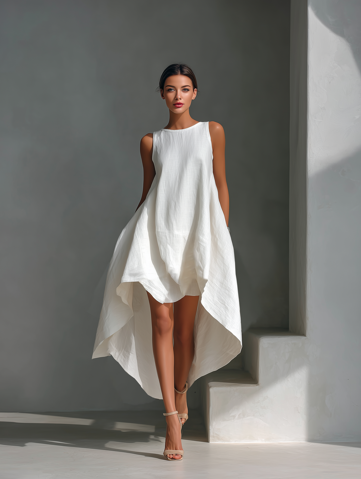 Women's White Linen Fabric Sleeveless Midi Dress With Round Neck & Asymmetric Hem MDZ0987B9T