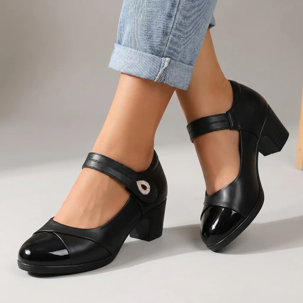 Black Catherine women's orthopedic Mary Jane shoes by Hudson Ridge featuring supportive heels and classic style.