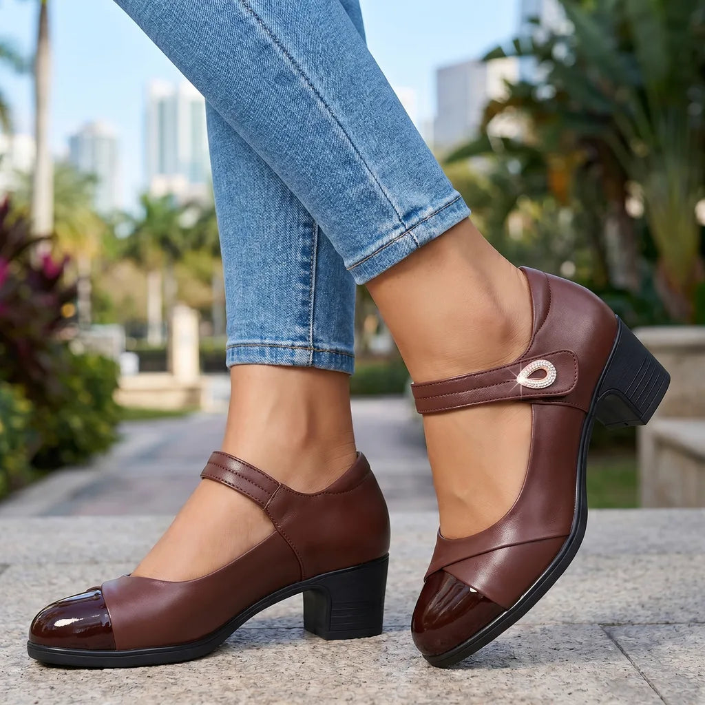 Brown women's orthopedic Mary Jane shoes by Hudson Ridge, featuring comfortable heels and supportive design.