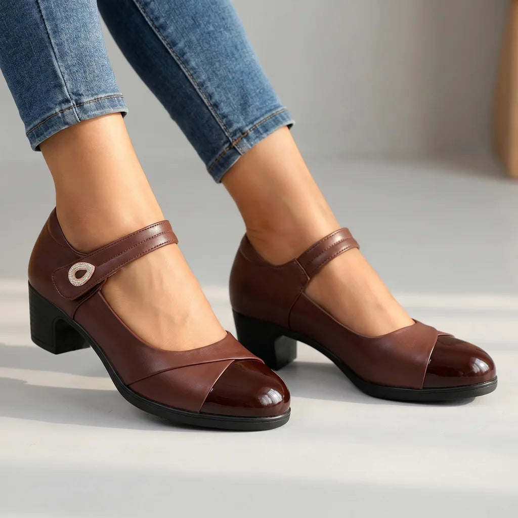 Brown women's orthopedic Mary Jane shoes by Hudson Ridge, stylish and comfortable footwear with supportive design.