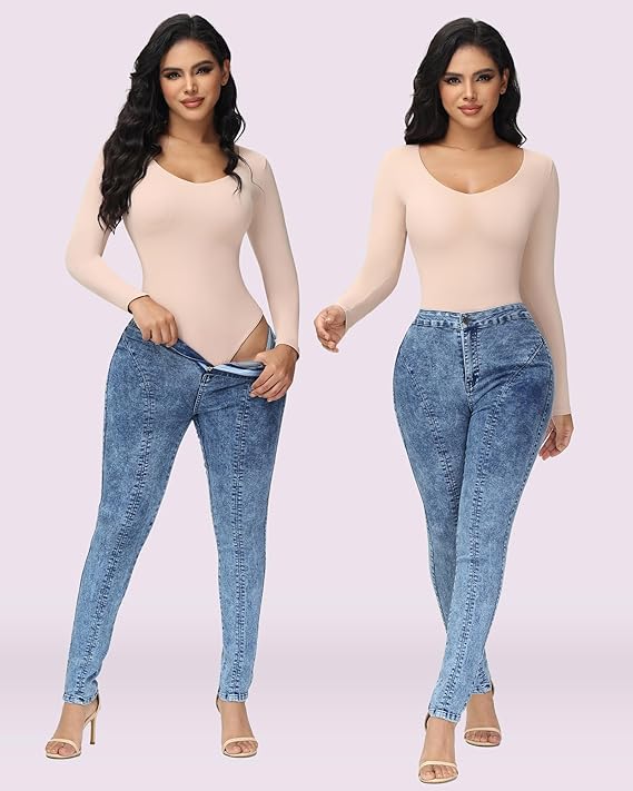 Shapshe® Women's Long Sleeve V Neck Seamless Bodysuits Tummy Control Thong Shapewear - By Qivii