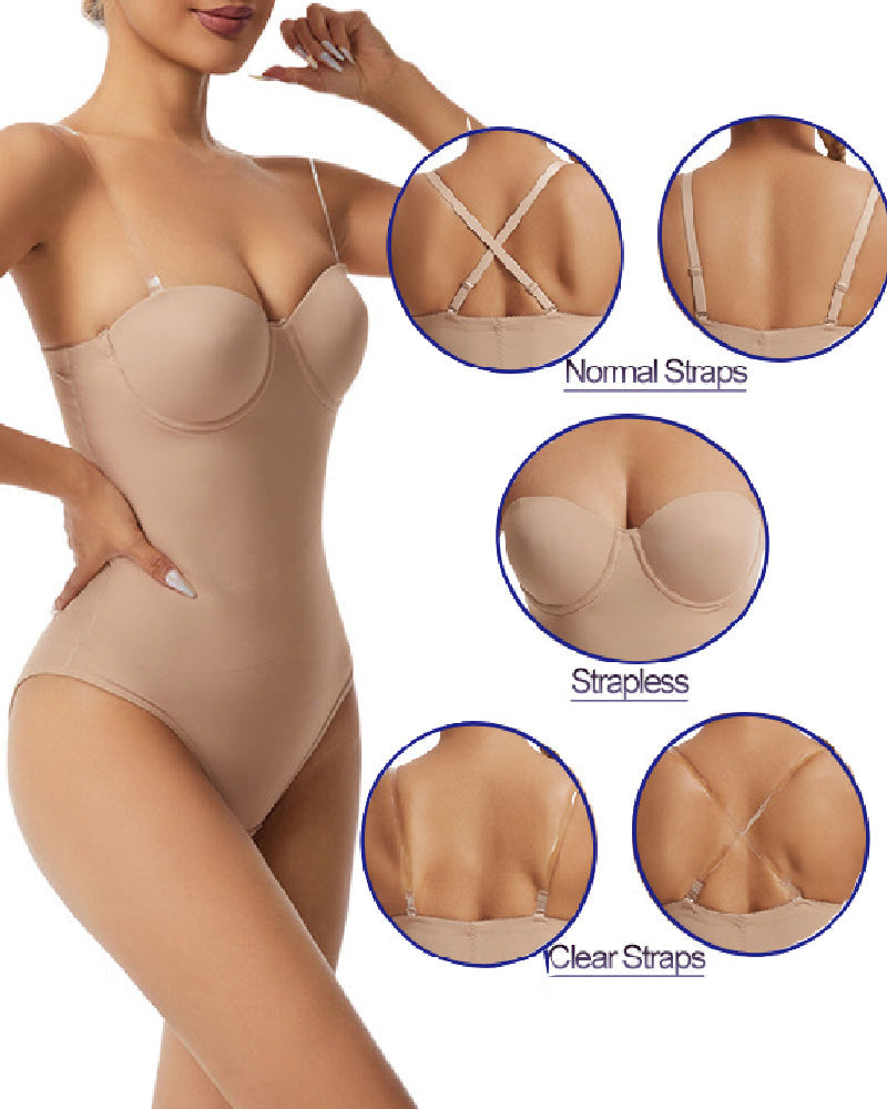 Women's Strapless Built-in Bra X Cross Tummy Control Bodysuit - By Qivii