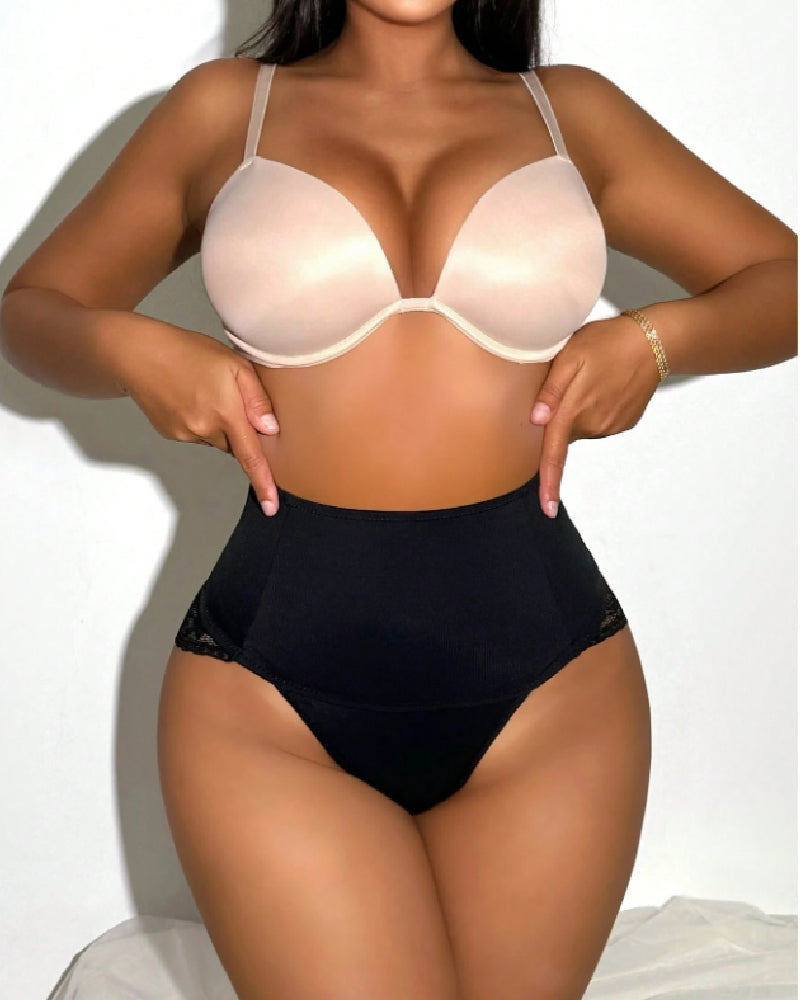 Sexy Lace Solid High Waist Slim Fit Shapewear Thong Tummy Control Panties - By Qivii