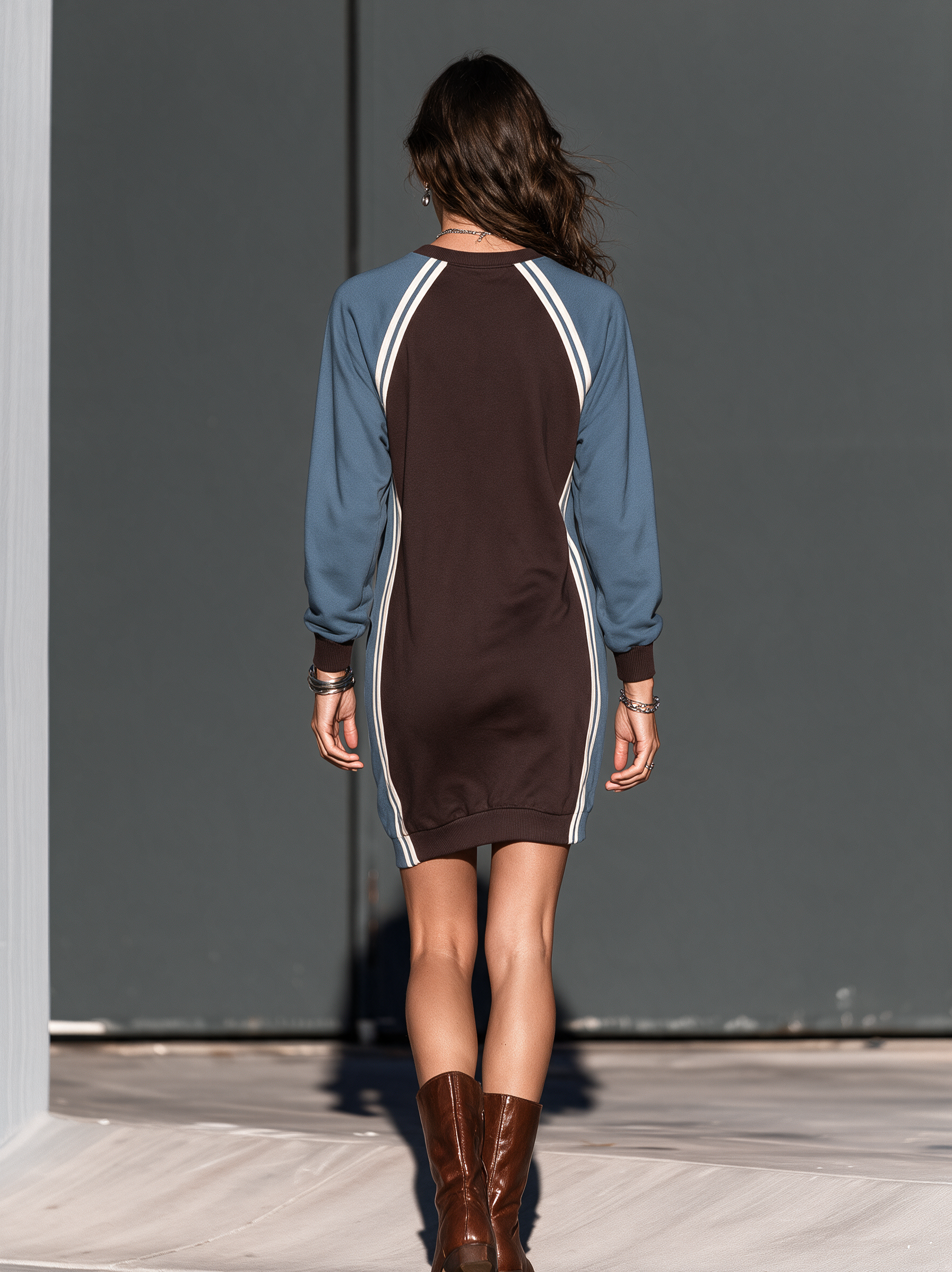Women's Casual Blue & Brown Color-Block Long-Sleeve Scuba Knit Mini Dress MDZ0268I0LXY