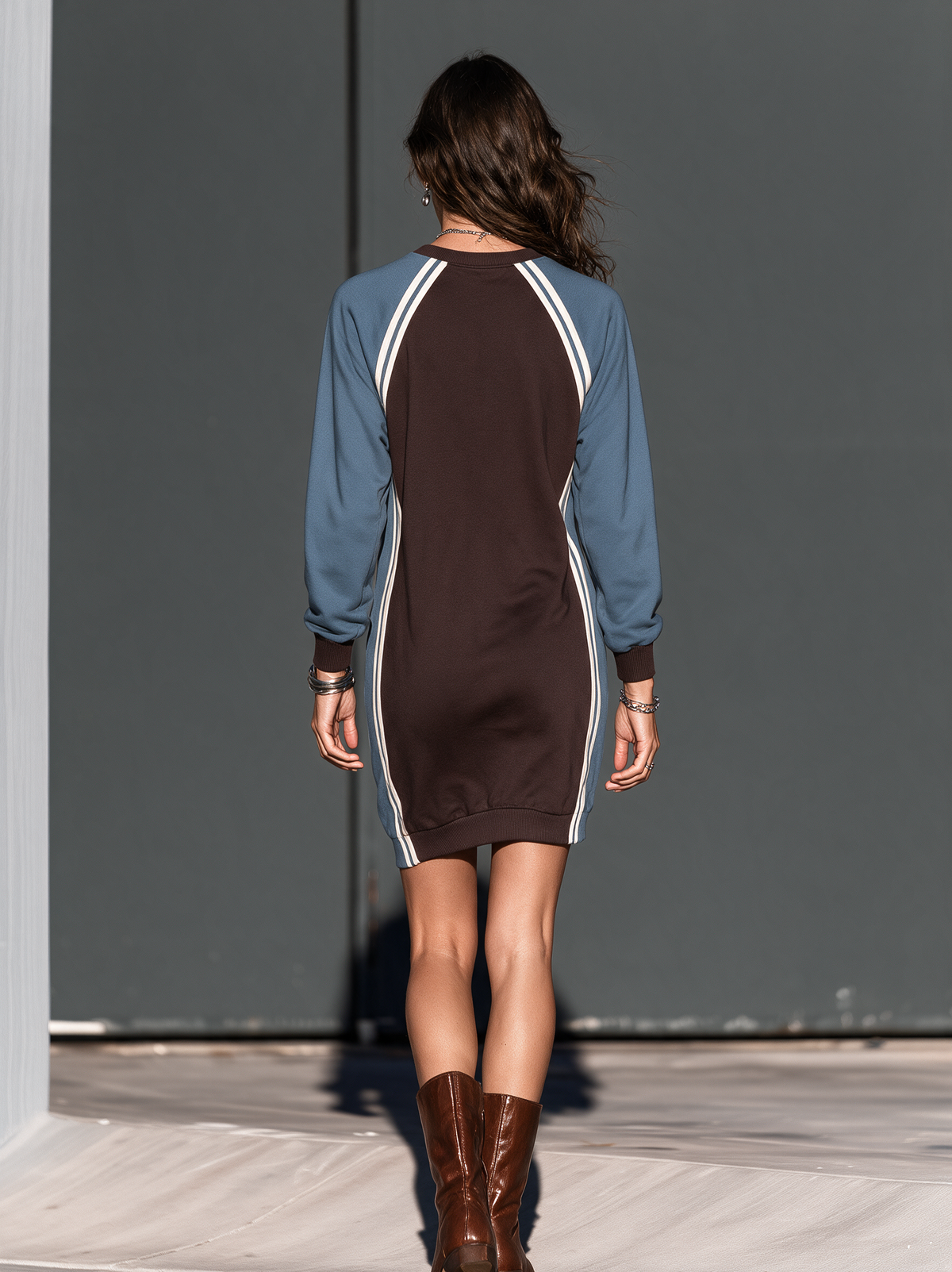 Women's Casual Blue & Brown Color-Block Long-Sleeve Scuba Knit Mini Dress MDZ0268I0LXY