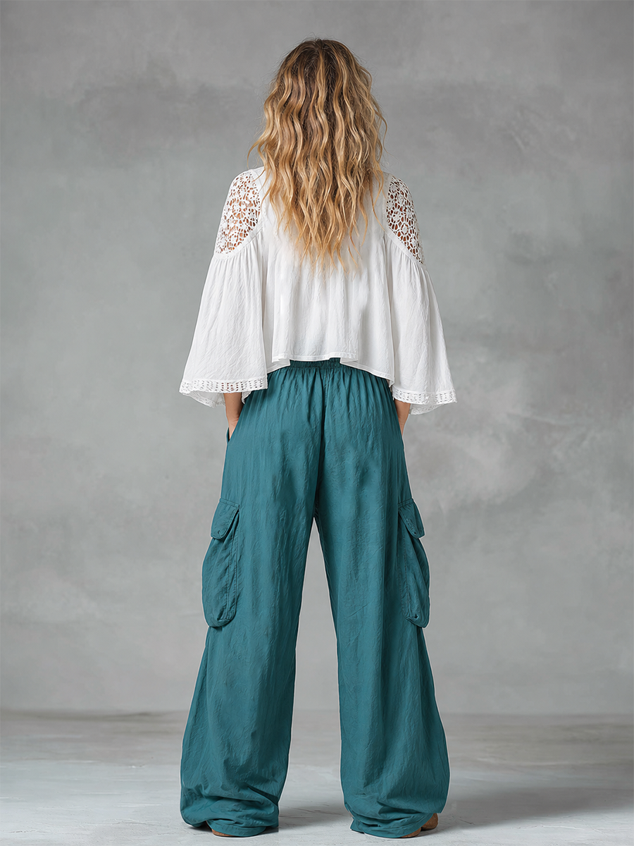 Vintage-style Boho White Shirt And Teal Utility Trousers Cotton-linen Set - By Qivii