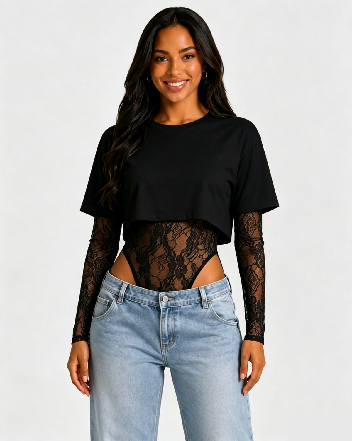 Short Sleeve Crop Top Lace Bodysuit Two Piece Outfit