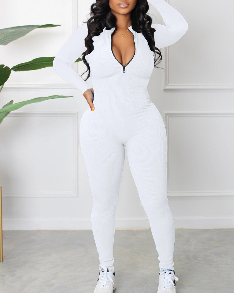 Women's Sexy Ribbed Long Sleeve Zipper Jumpsuits Casual Solid Bodycon Rompers - By Qivii