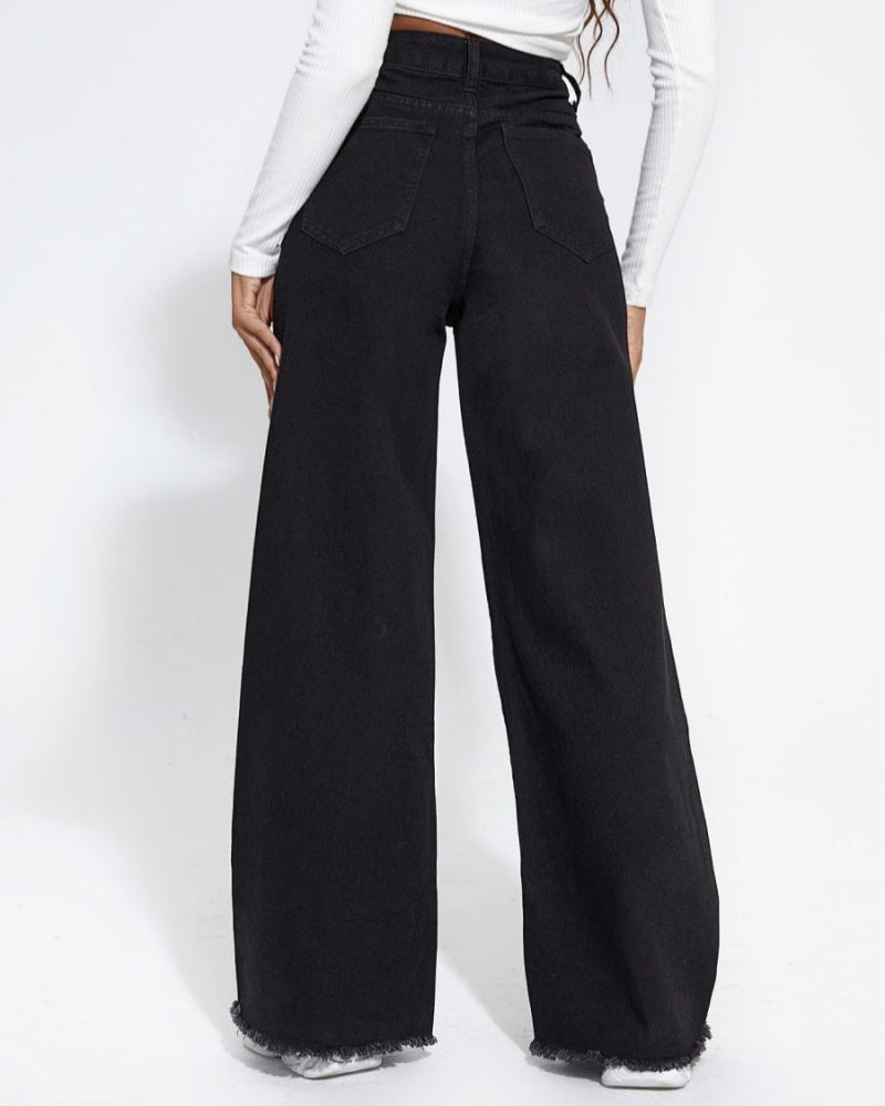 Wide-leg Jeans High Waist Patchwork Raw Edge Loose Trousers - By Qivii