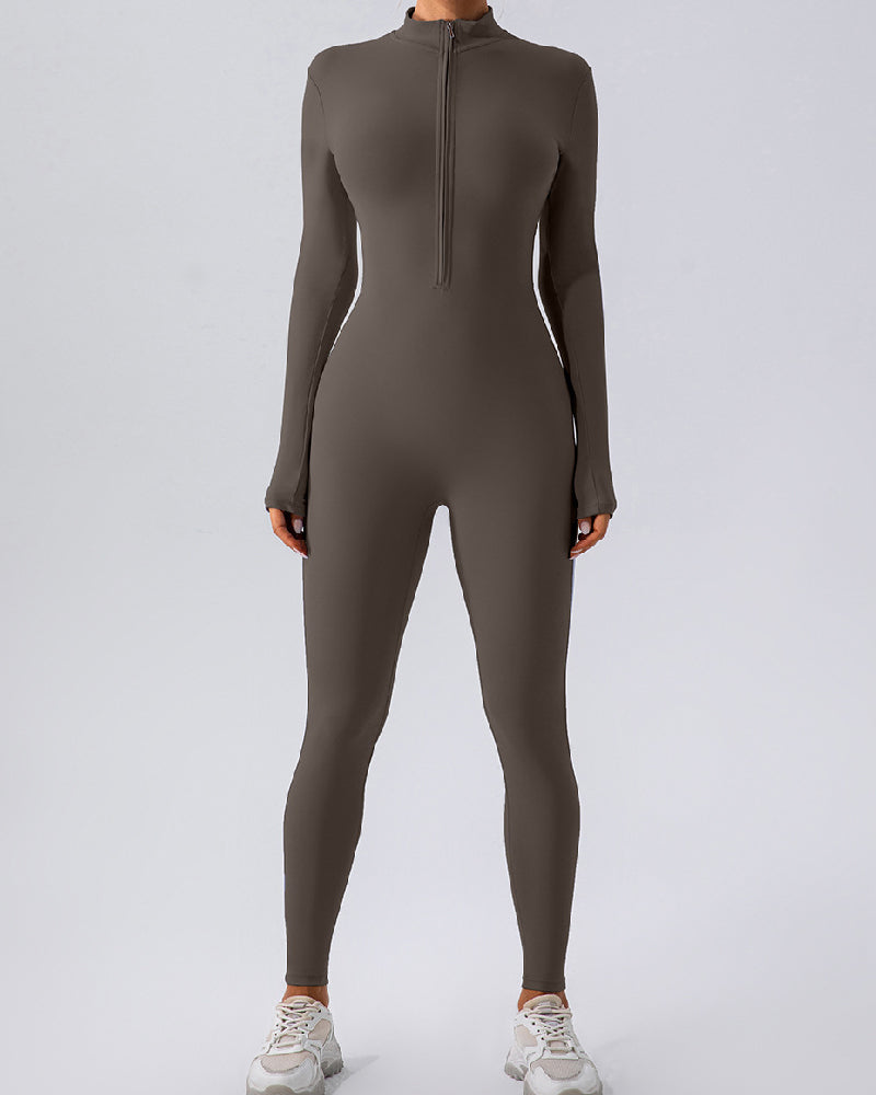 Zip Up Long Sleeve Fleece Skinny Jumpsuit Winter Thermal One-piece Fitness Bodysuit - By Qivii
