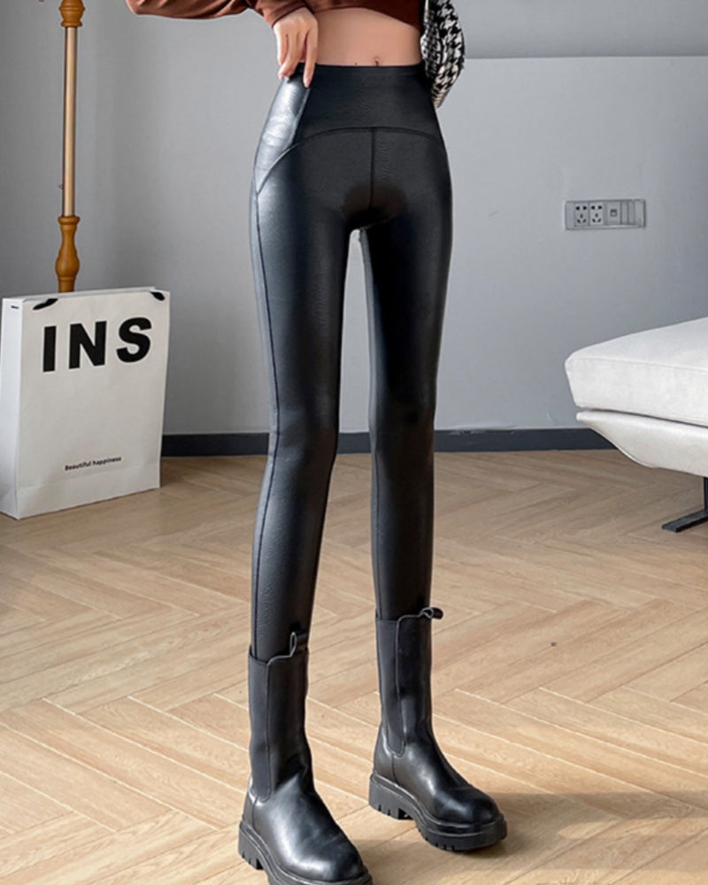 Plush Faux Crocodile Leggings Tight Stretch Leather Pants - By Qivii
