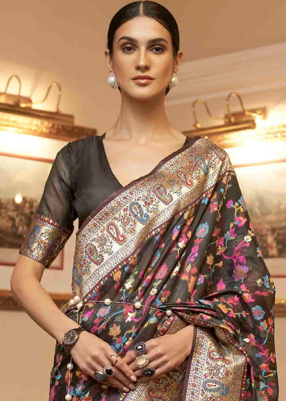 Charcoal Black Banarasi Jamawar Woven Silk Saree | Stitched Blouse - qivii