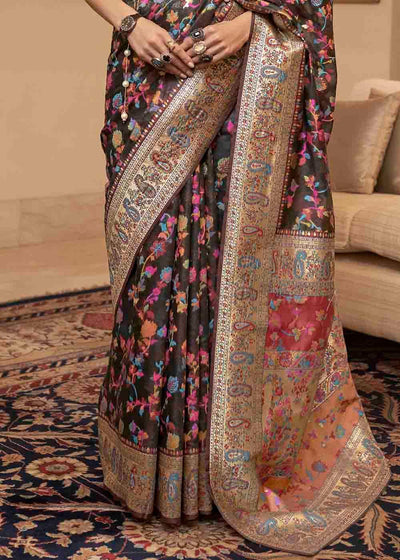 Charcoal Black Banarasi Jamawar Woven Silk Saree | Stitched Blouse - qivii