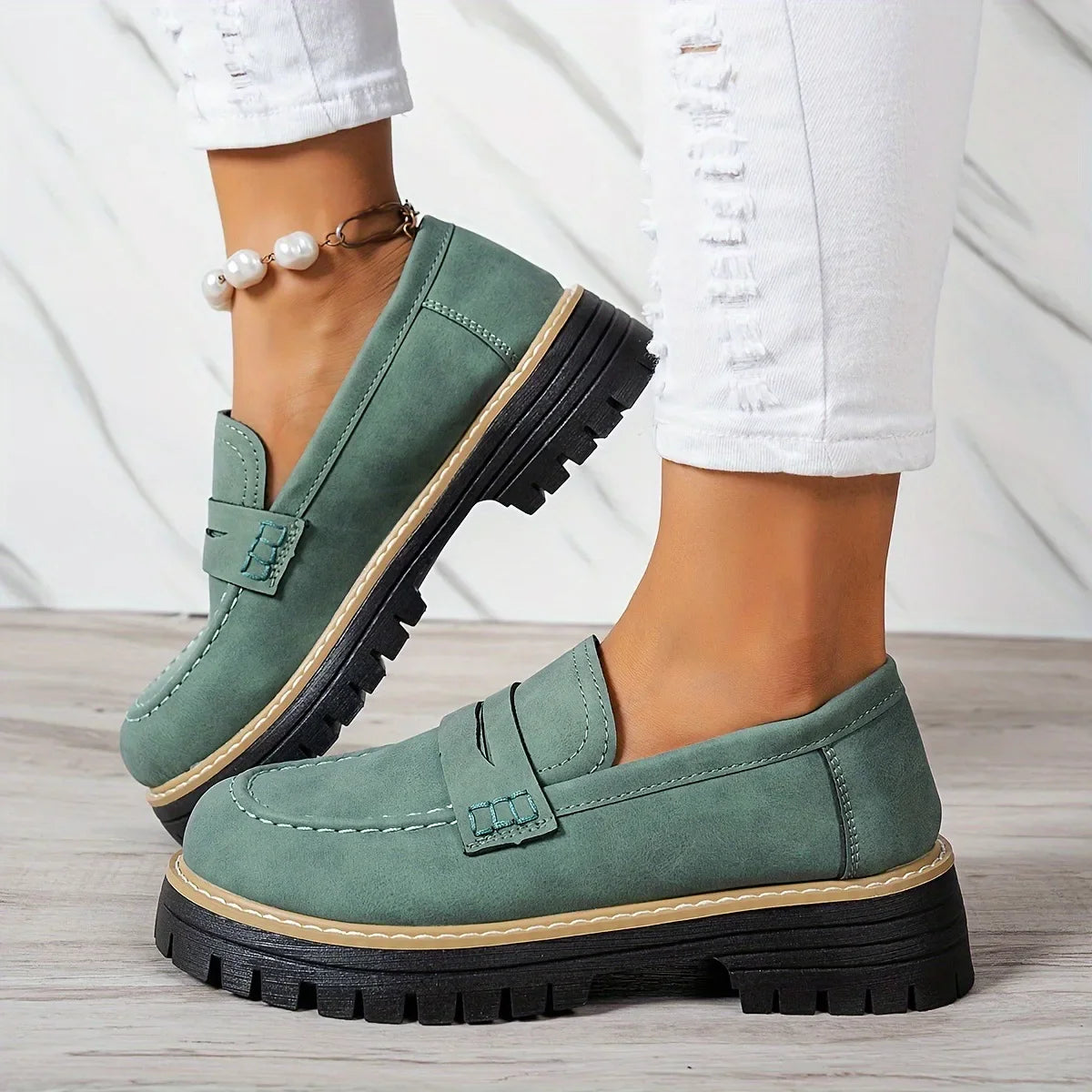 Green women's orthopedic loafers from Hudson Ridge, Cheney by Qivii, featuring comfortable, supportive footwear for women.