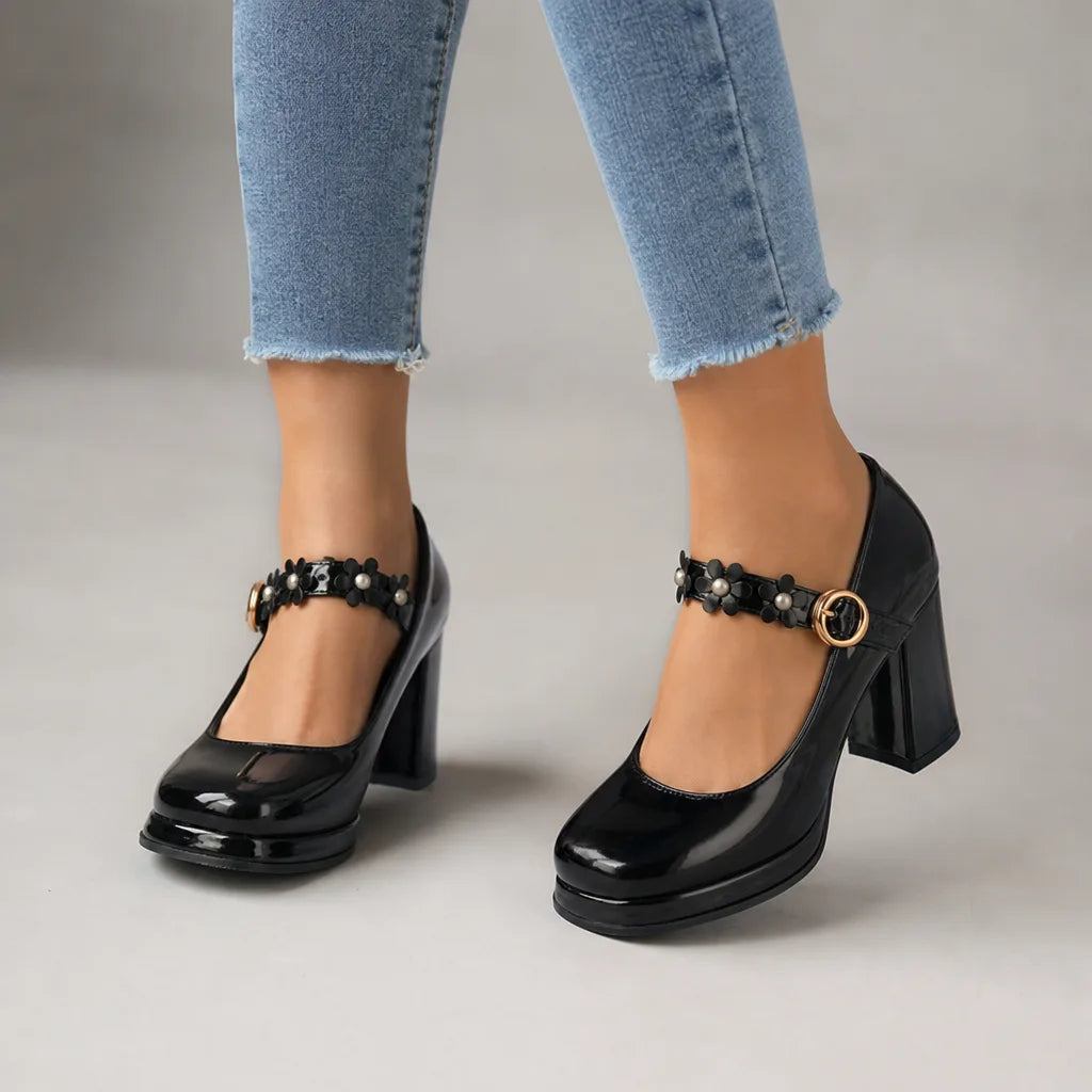 Black women's orthopedic floral Mary Jane heels by Hudson Ridge, featuring a supportive design and elegant floral accents.