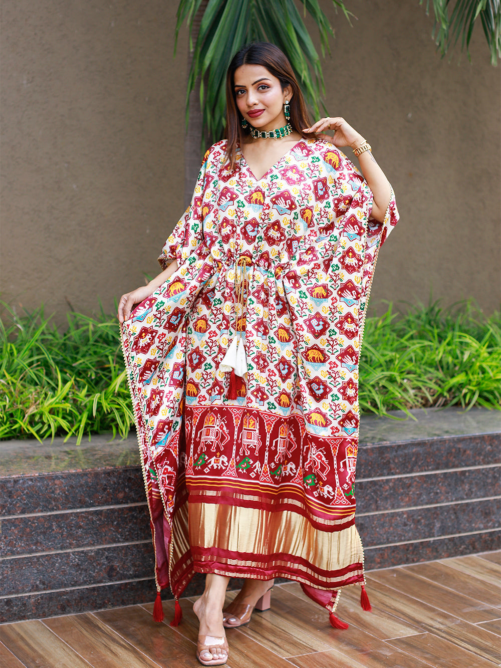 White Color Bandhej Digital Print Pure Gaji Silk Kaftan - qivii