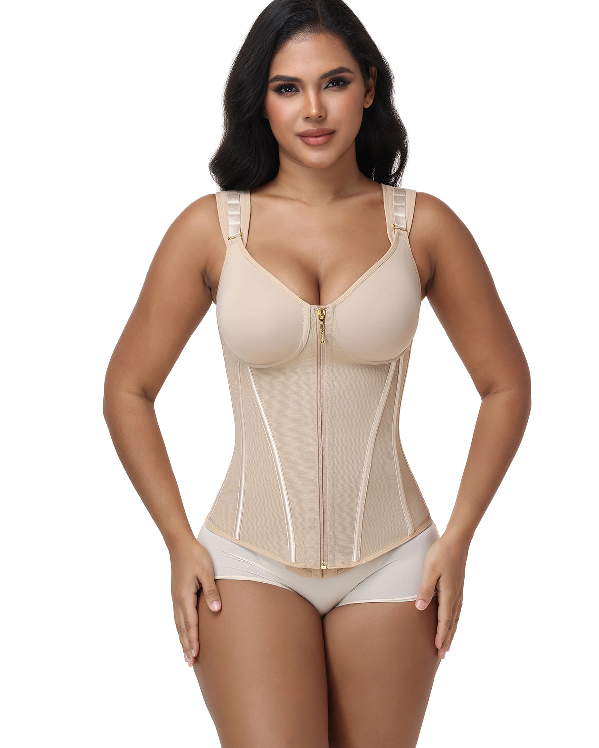 V Neck Underwire Cup Wide Adjustable Strap Zipper Waist Trainer Shaping Vest