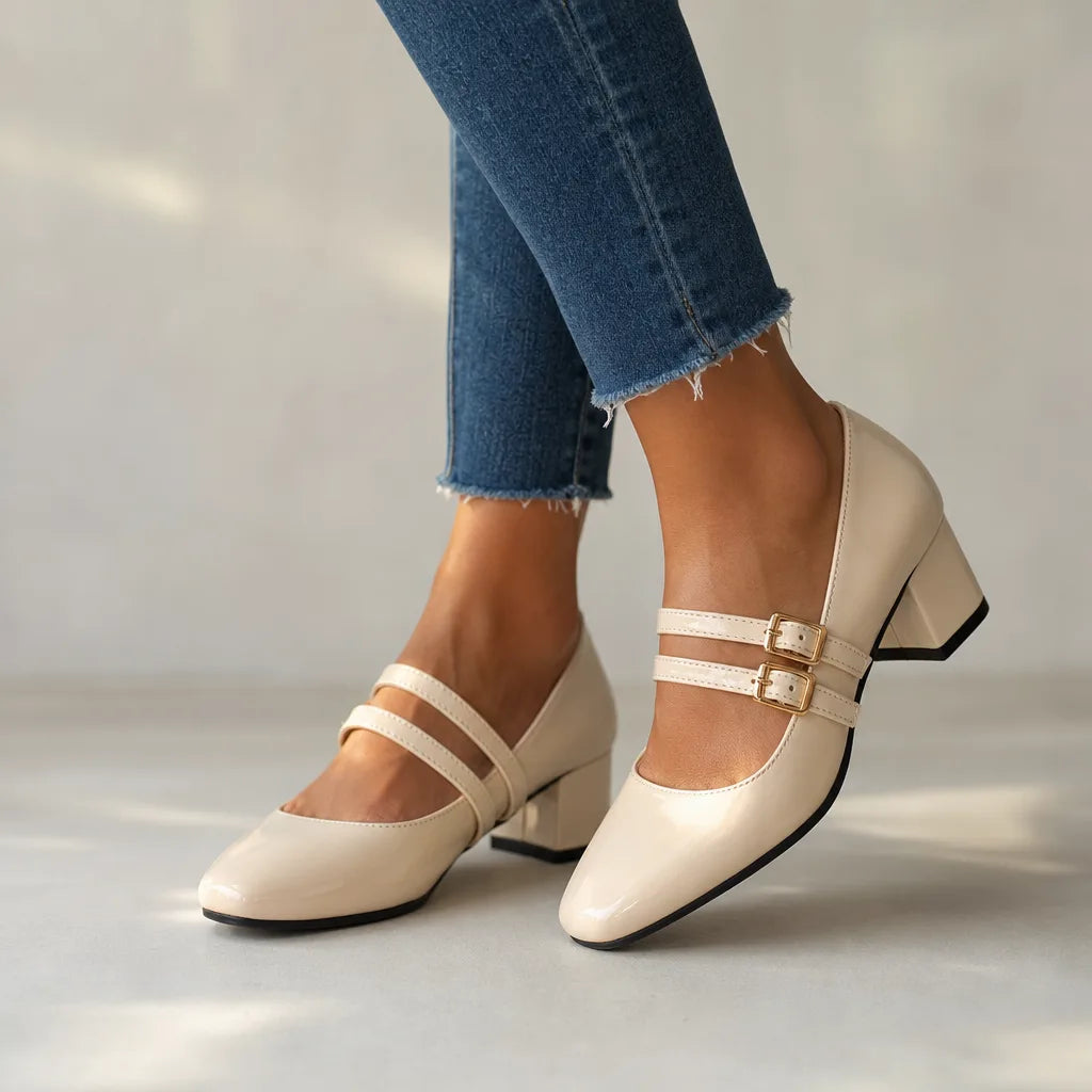 Beige patent Mary Jane shoes for women by Hudson Ridge, with rounded heels and classic strap, stylish women's footwear.