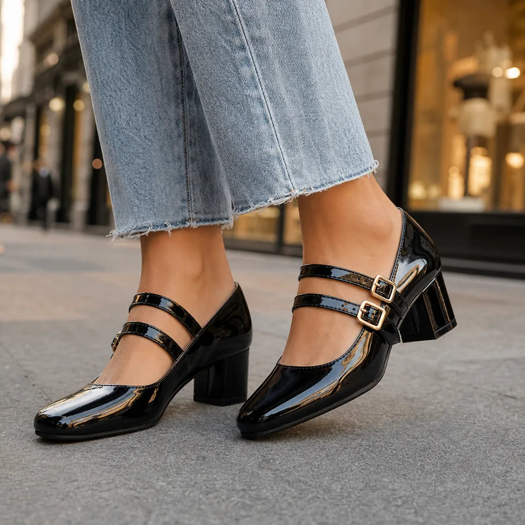 Black patent Mary Jane shoes for women by Hudson Ridge, featuring classic heel design and adjustable strap.
