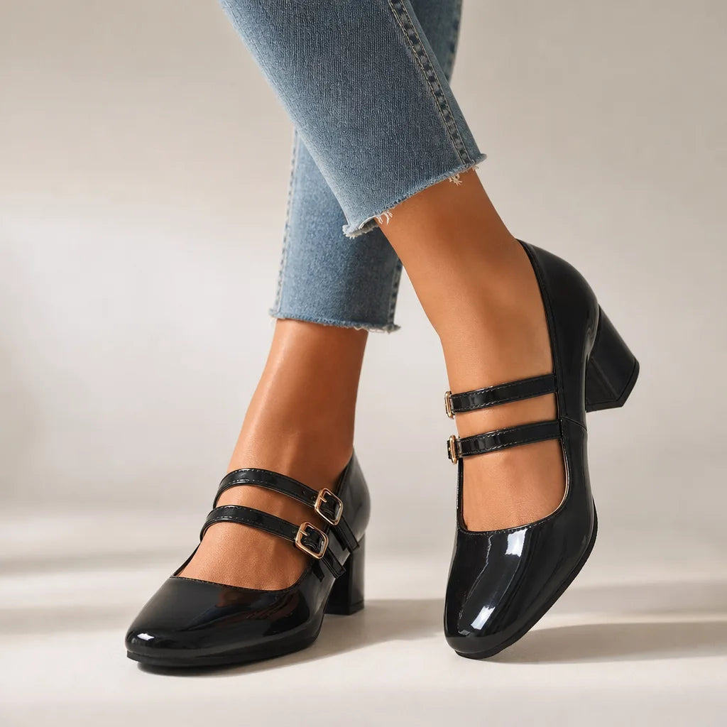 Black patent Mary Jane shoes for women by Hudson Ridge, featuring classic strap design and low heel from the Cohen collection.