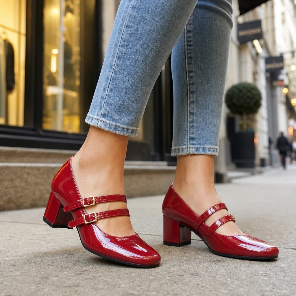 Red patent Mary Jane shoes for women by Hudson Ridge, featuring a classic heel and elegant design.