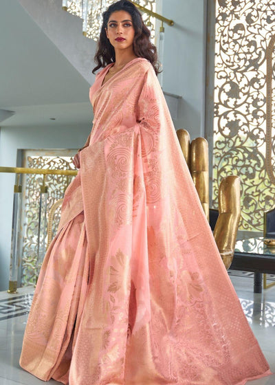 Coral Pink Zari Woven Designer Silk Saree - qivii