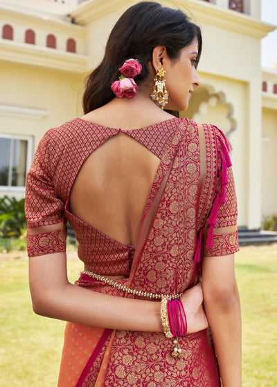 Coral Pink Zari Woven Georgette Saree with Contrast Blouse & Pallu - qivii
