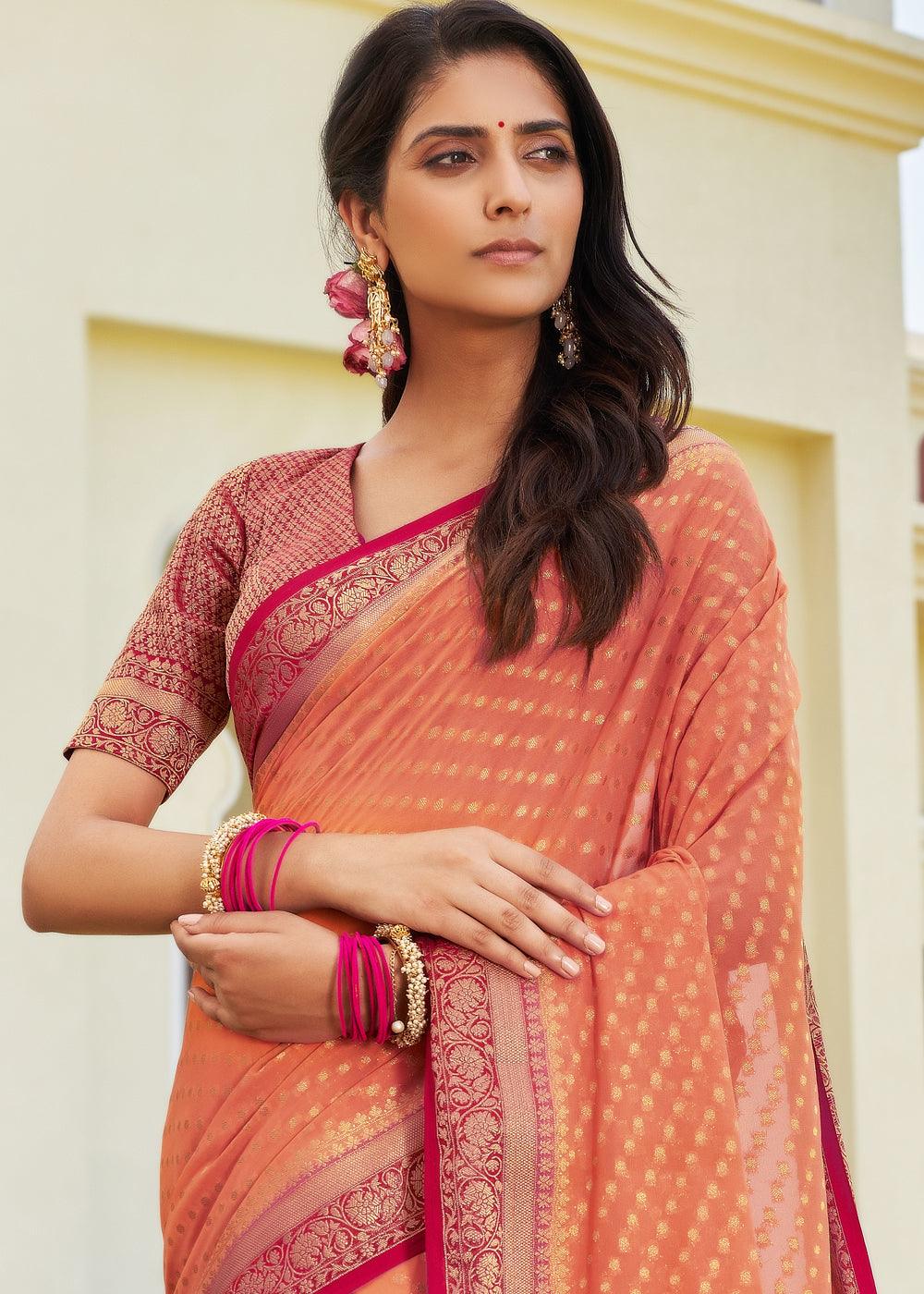 Coral Pink Zari Woven Georgette Saree with Contrast Blouse & Pallu - qivii