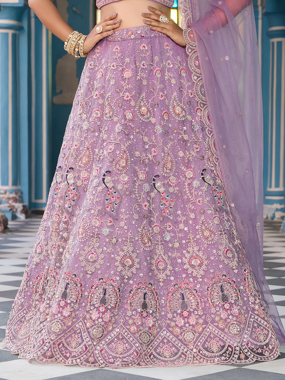 MAUVE - Net Fabric Sequins embroidery Semi-Stitched Lehenga & Unstitched Blouse With Dupatta