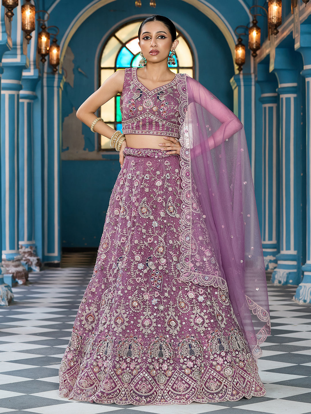 LAVENDER - Net Fabric Sequins embroidery Semi-Stitched Lehenga & Unstitched Blouse With Dupatta