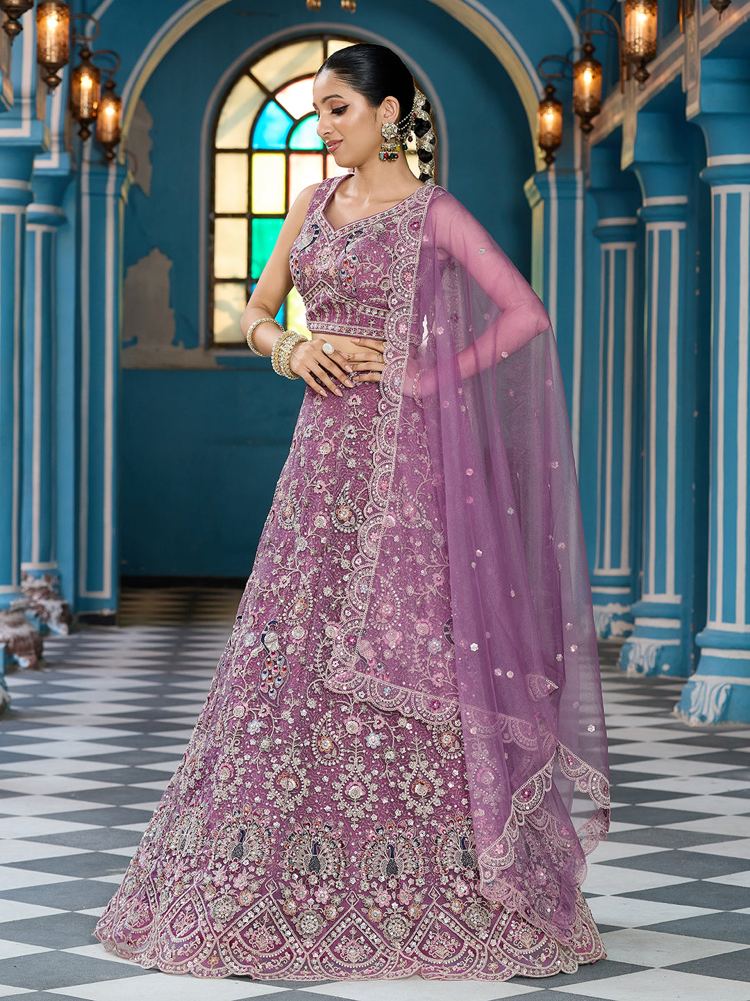 LAVENDER - Net Fabric Sequins embroidery Semi-Stitched Lehenga & Unstitched Blouse With Dupatta