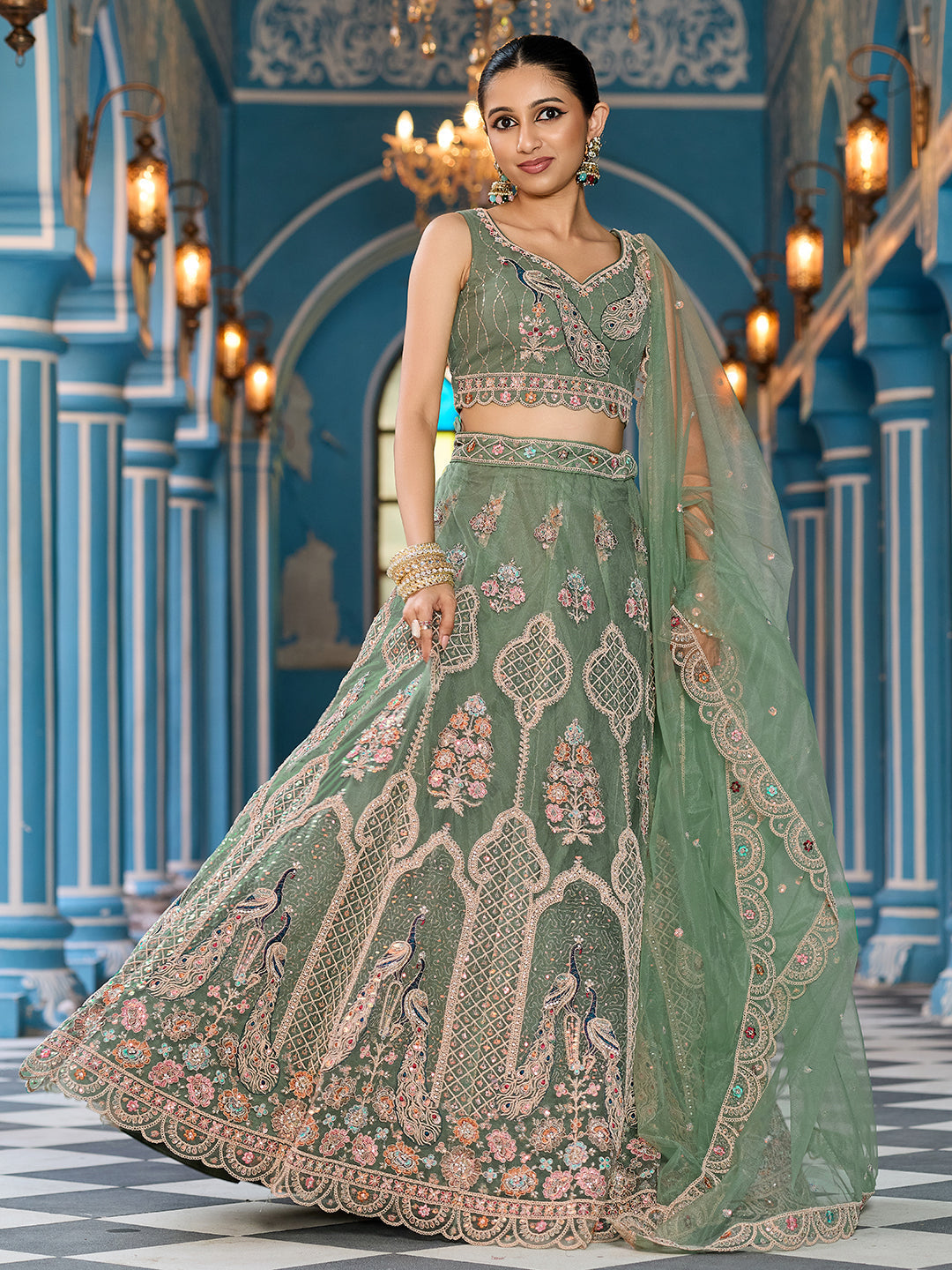 GREEN - Net Fabric Sequins embroidery Semi-Stitched Lehenga & Unstitched Blouse With Dupatta
