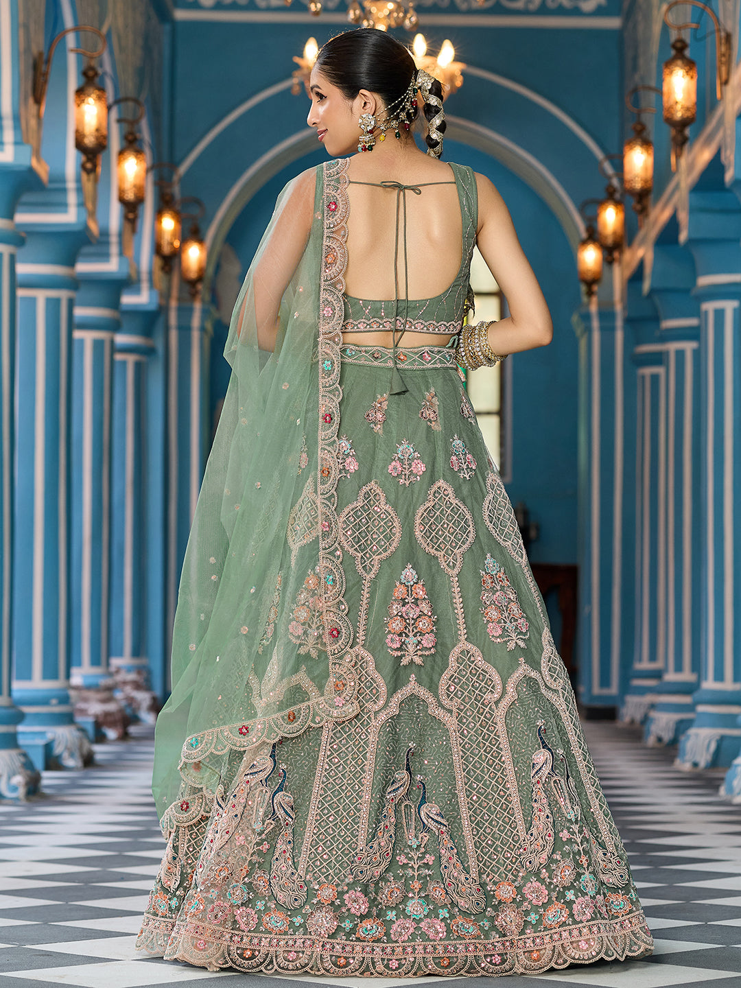 GREEN - Net Fabric Sequins embroidery Semi-Stitched Lehenga & Unstitched Blouse With Dupatta