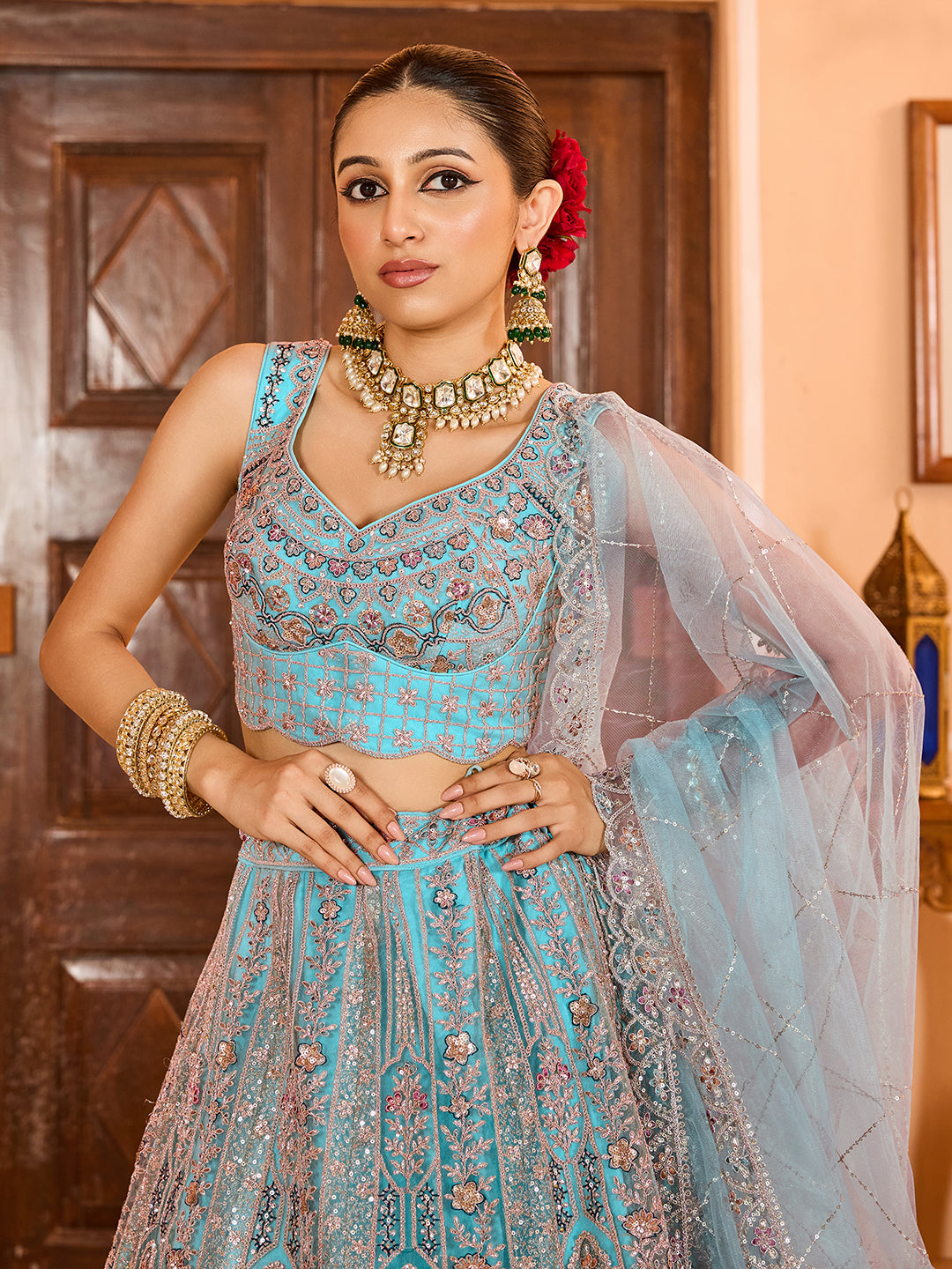 TURQUOISE BLUE - Net Fabric Sequins embroidery Semi-Stitched Lehenga & Unstitched Blouse With Dupatta