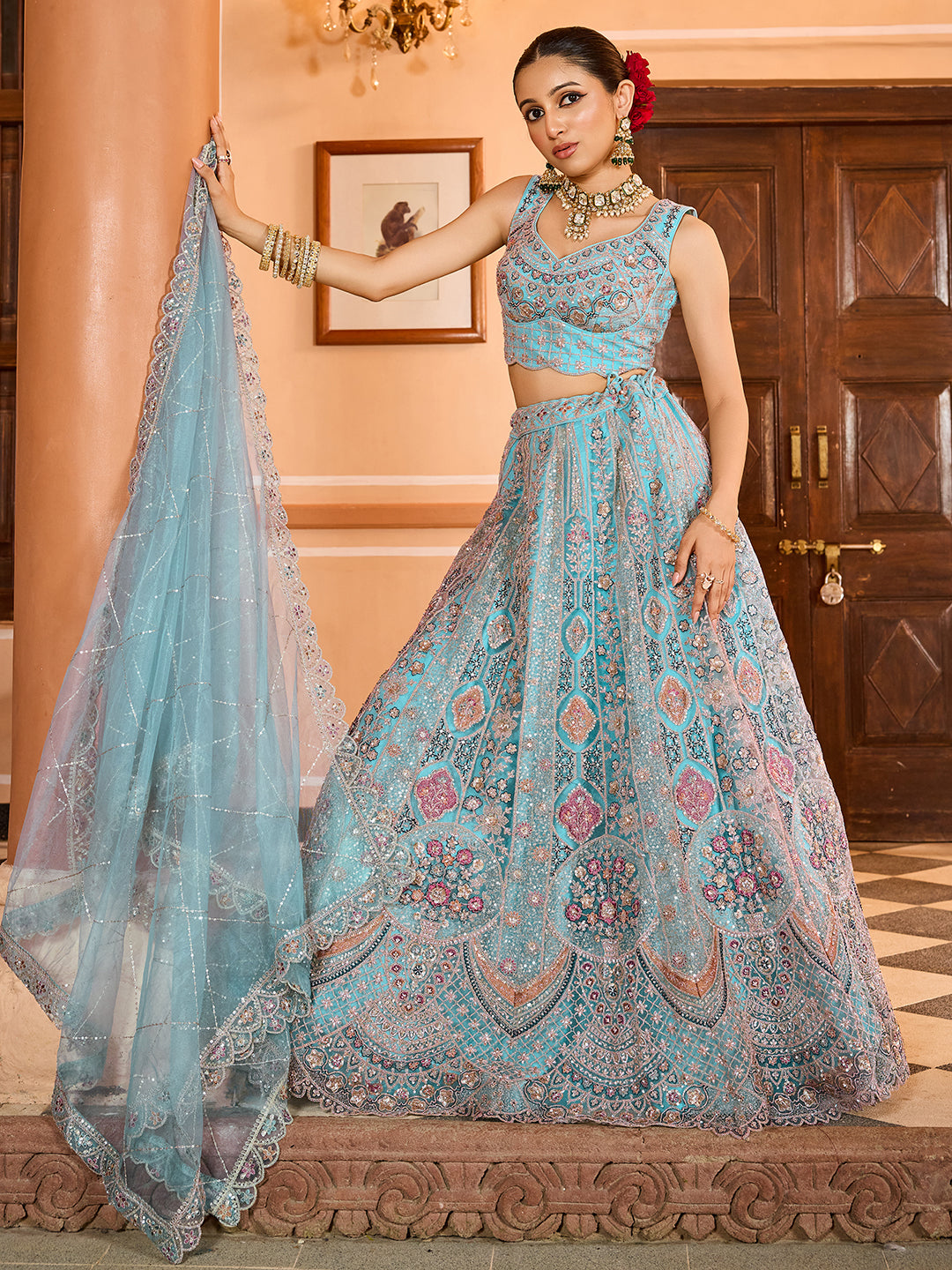 TURQUOISE BLUE - Net Fabric Sequins embroidery Semi-Stitched Lehenga & Unstitched Blouse With Dupatta