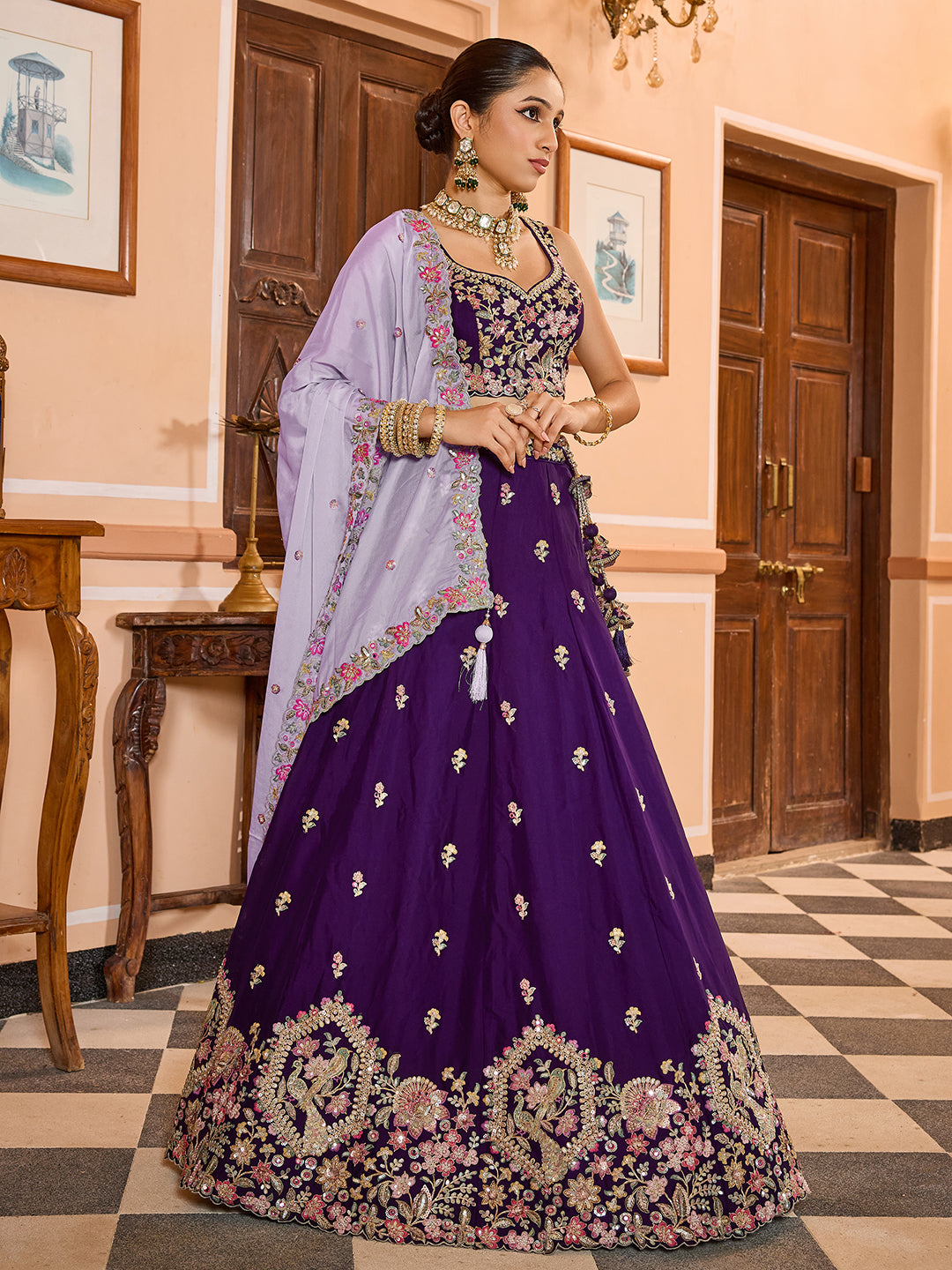PURPLE - Georgette Fabric Sequins embroidery Semi-Stitched Lehenga & Unstitched Blouse With Dupatta