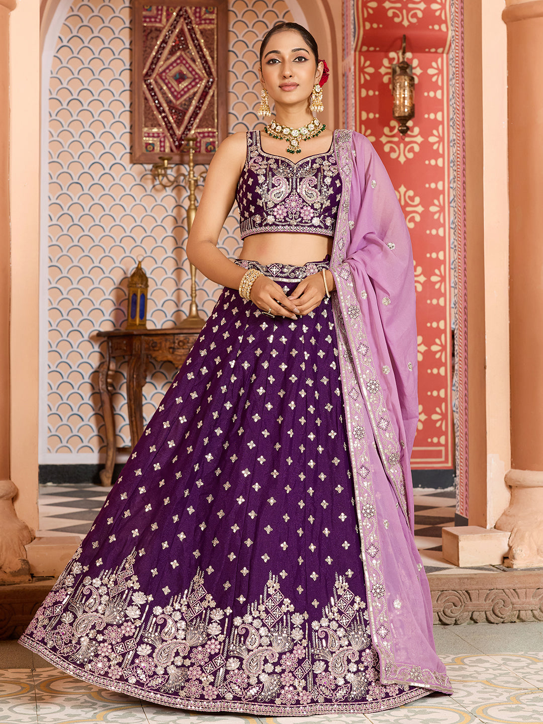 BURGUNDY - Tissue Silk Fabric Sequins embroidery Semi-Stitched Lehenga & Unstitched Blouse With Dupatta
