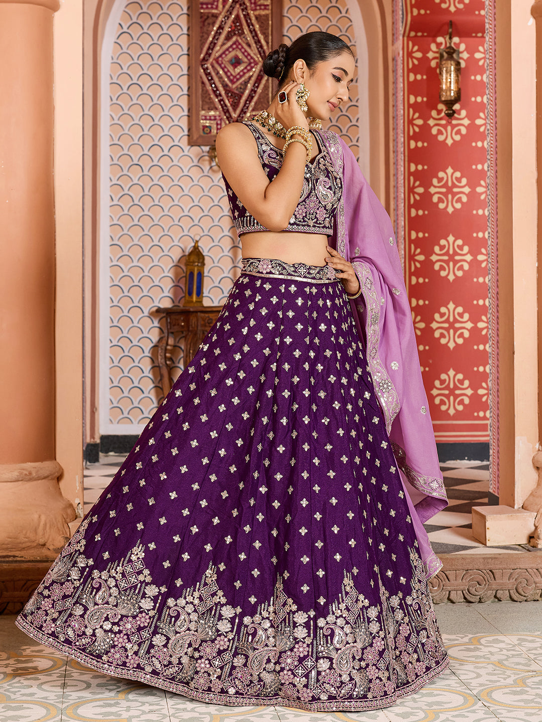 BURGUNDY - Tissue Silk Fabric Sequins embroidery Semi-Stitched Lehenga & Unstitched Blouse With Dupatta