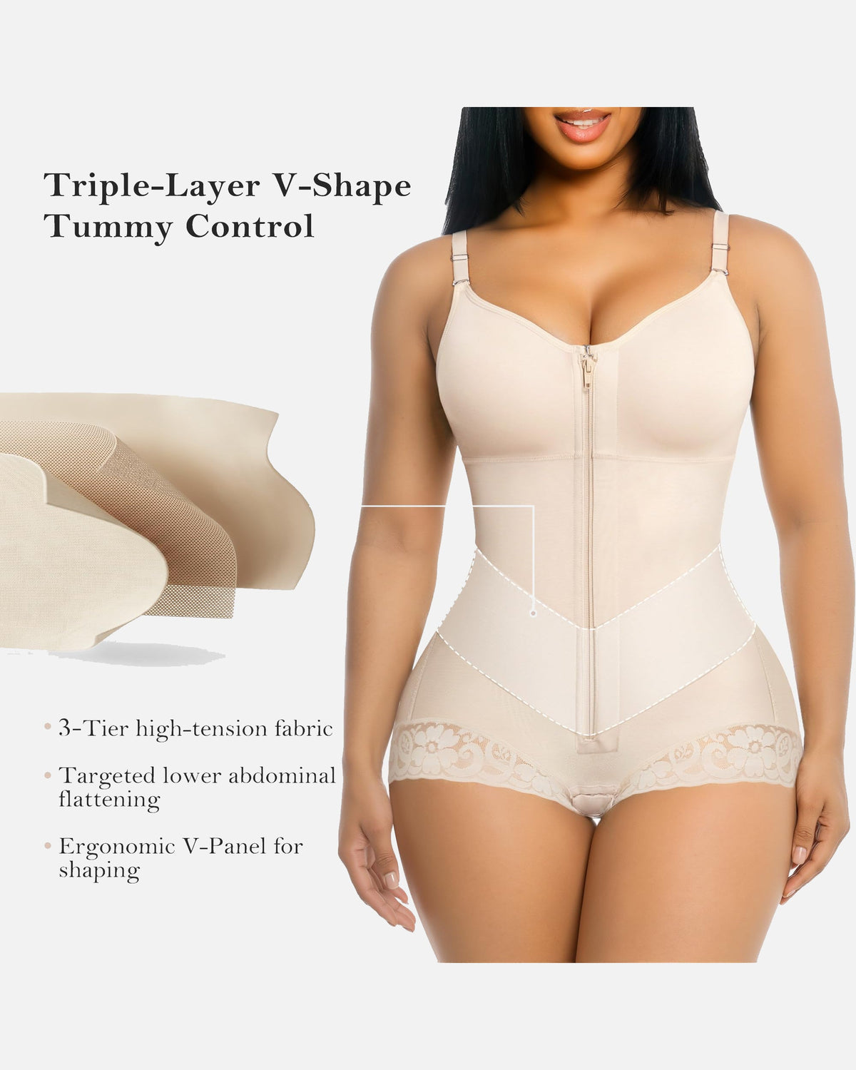 Lace Trim Adjustable Strap Tummy Control Butt Lifting Zipper Bodysuit