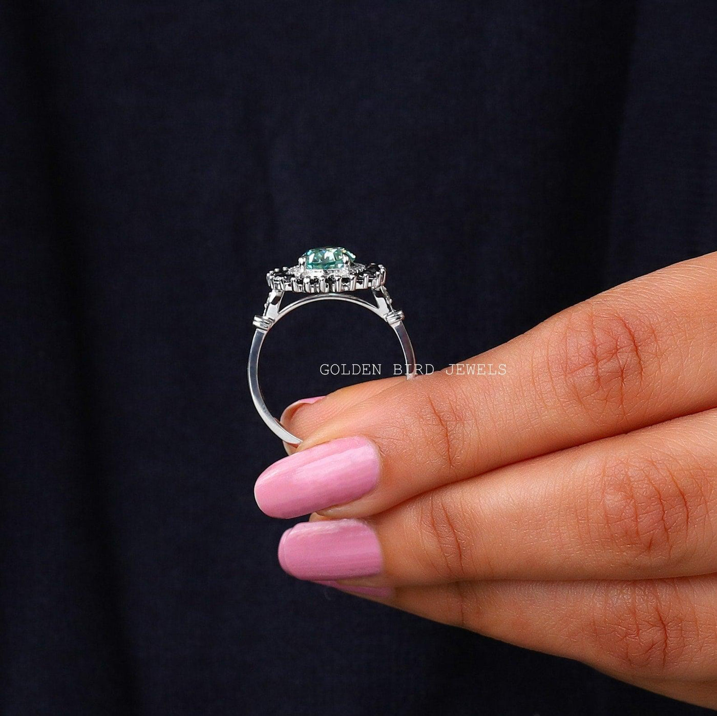 Cyan Blue Pear Cut Double Halo Moissanite Vintage Ring / Black Moissanite Tapper Baguette Ring For Her / 14K White Gold Anniversary Ring - qivii
