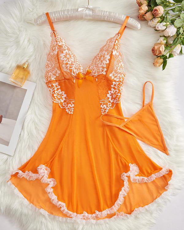 Lace Bowknot Sleeping Dress Thong Set Spaghetti Strap V Neck Lingerie - By Qivii