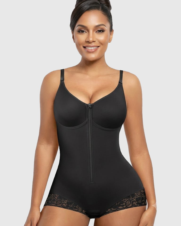 Lace-trimmed Tummy Control Zipper Shapewear Bodysuit