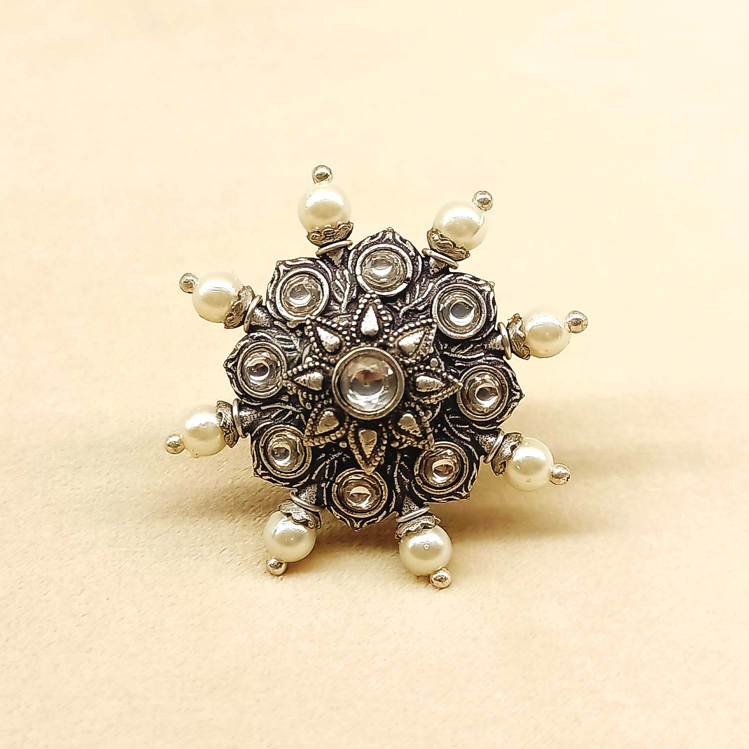 Forum Pearl White Oxidized Silver Plated Boutique Ring - qivii