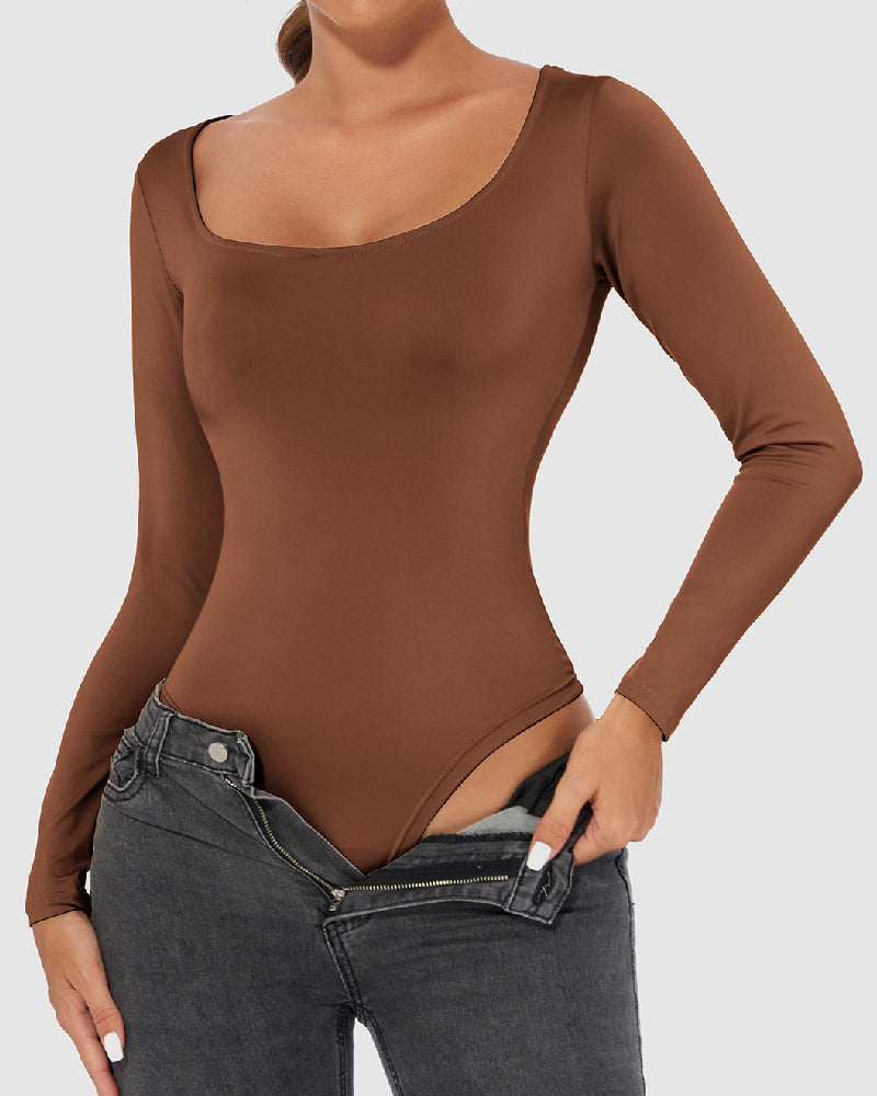 Women's Seamless Square Neck Long Sleeve Bodysuits Sculpting Thong Bottoming Shirt Body Shaper - By Qivii