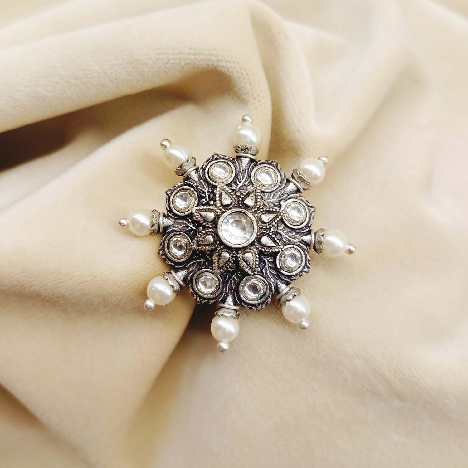 Forum Pearl White Oxidized Silver Plated Boutique Ring - qivii